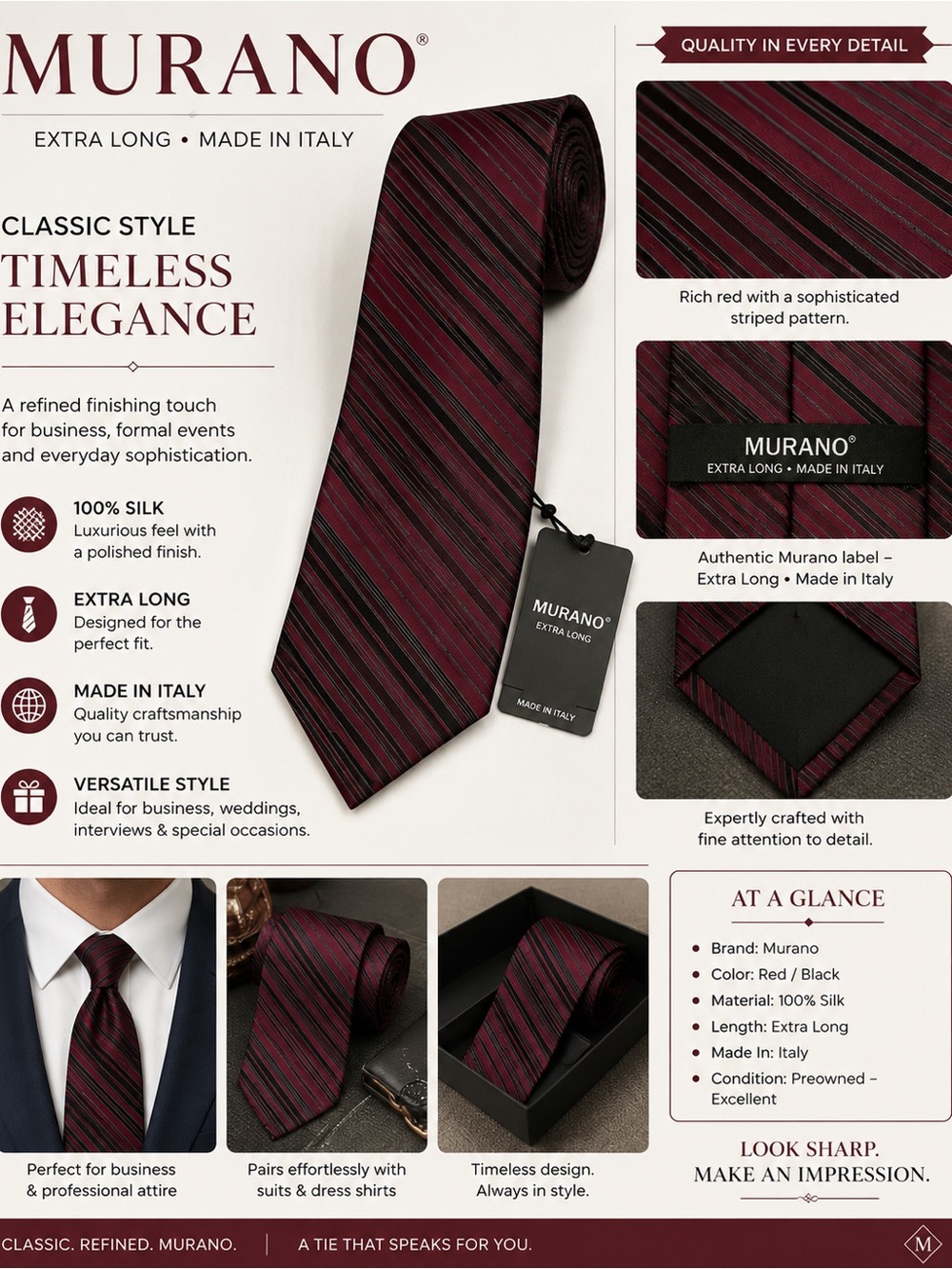 Murano Men’s Red 100% Silk Necktie Classic Dress Business Formal Xtra Long NWT